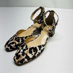 CAbi Kiki Leopard Print Kitten Block Heel Style 6020 Ankle Strap Closed Toe Sz 9